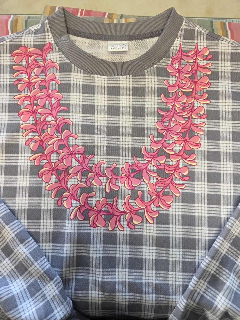 Gray Palaks Sweatshirt with Pink Plumeria Lei